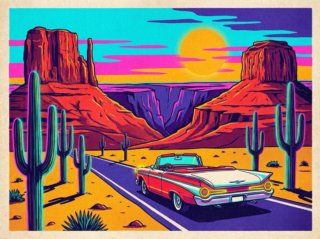 Retro postcard of red sandstone desert cliffs near Las Vegas at sunset