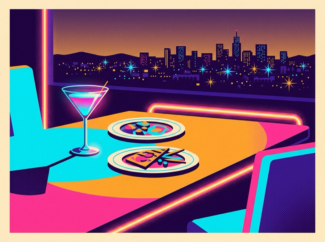 Retro postcard of a neon-lit Las Vegas dining room at night