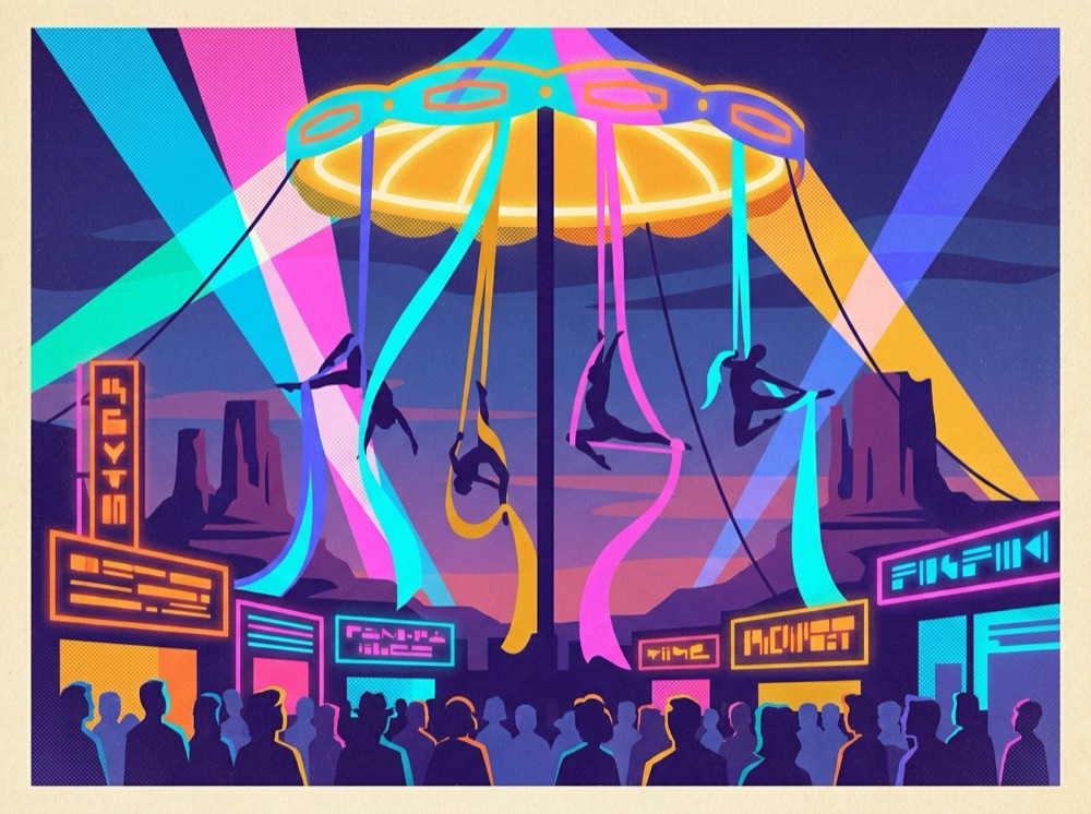 Retro postcard of acrobats performing under a spotlit big-top stage