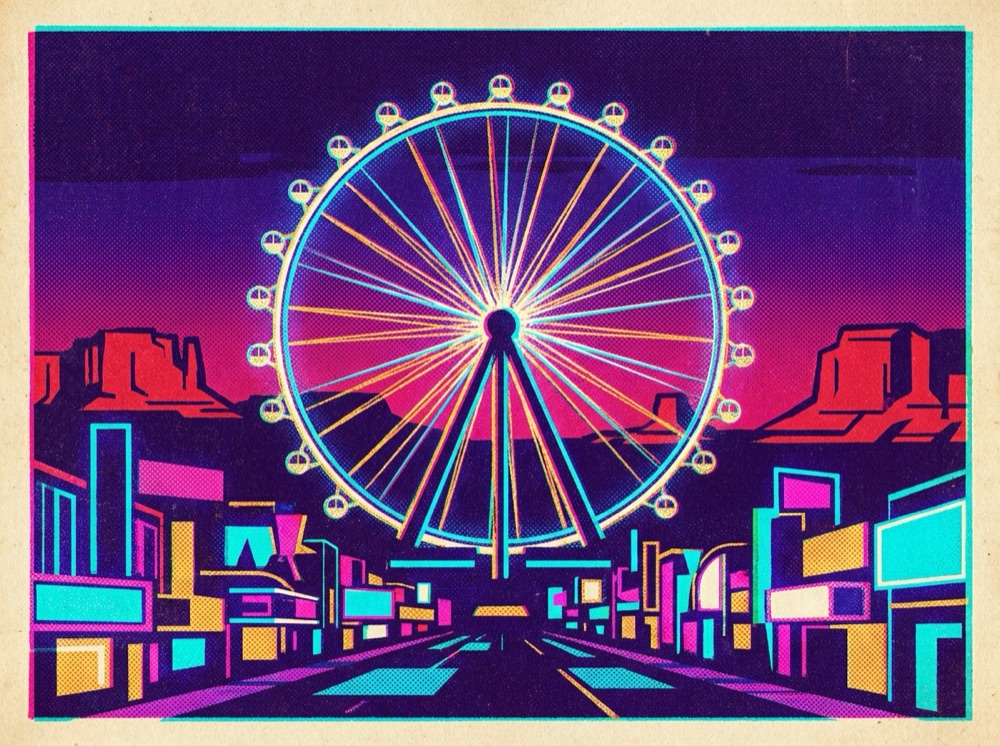 Retro postcard of a tall observation wheel glowing over the neon Strip